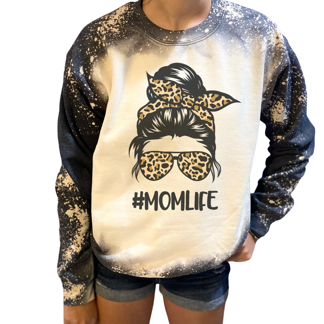 Custom Bleached Leopard Print Messy Bun Mom Sweatshirt