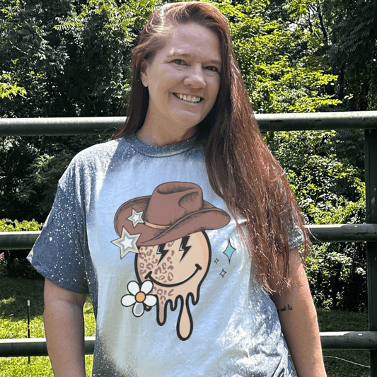 Cowgirl Dripping Smiley Face Custom Bleached Shirt