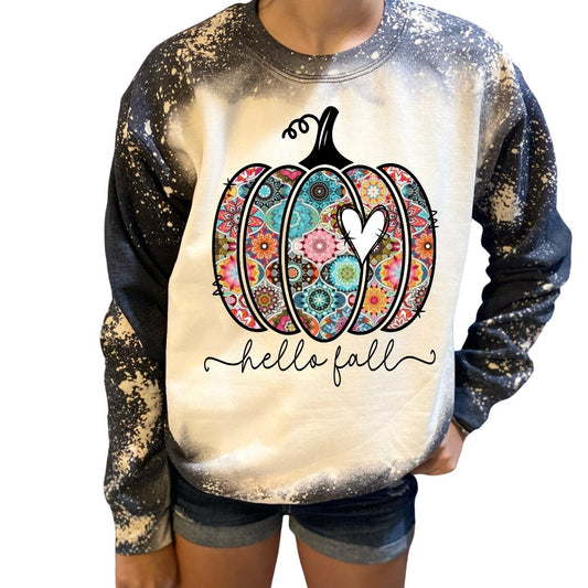 Bohemian Pumpkin Hello Fall Custom Made Bleached Sweatshirt - Rkcountry Boutique