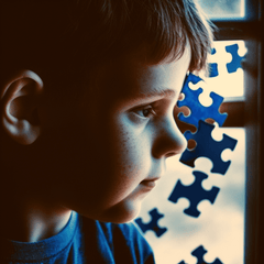 ASD Autism image of boy and puzzle pieces looking out a window